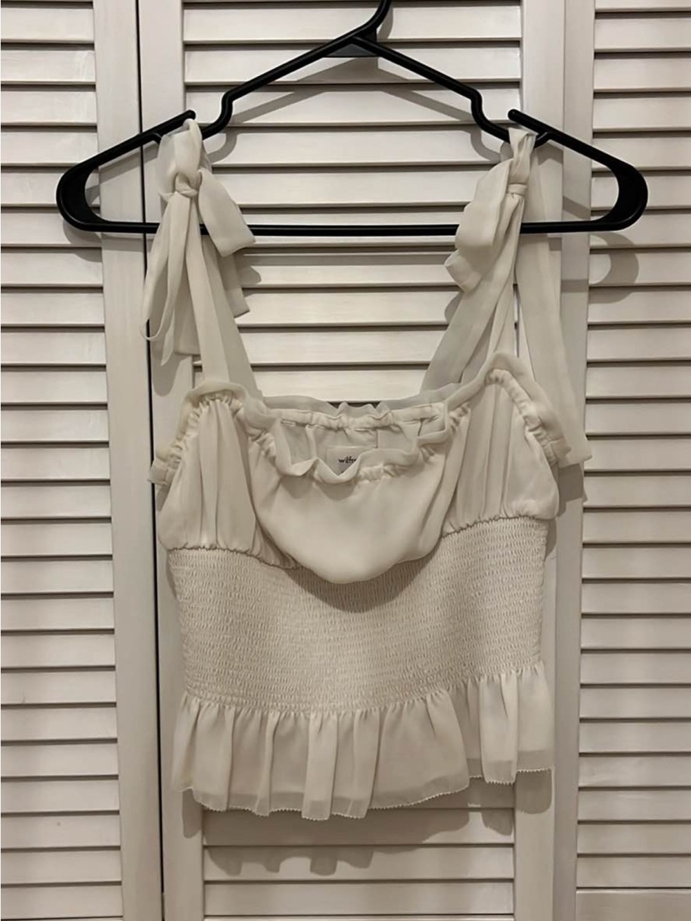 Aritzia Cream Tie-Shoulder Ruffle Smocked Camisole